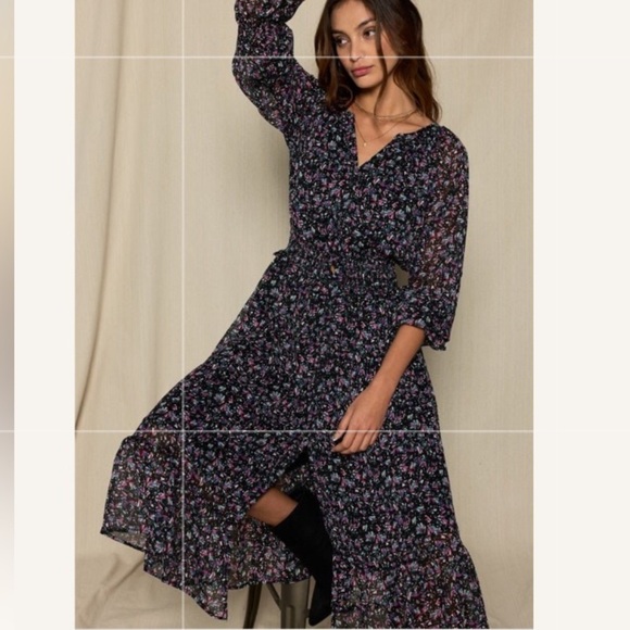 West K tiered midi dress size XL floral sheer sleeves flowy whimsical button up - Picture 1 of 14